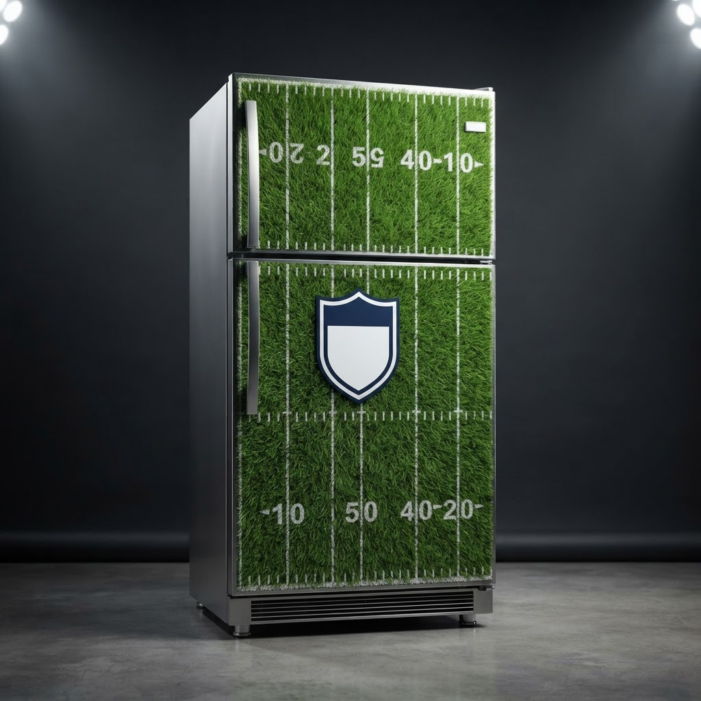 A top-freezer refrigerator fully wrapped in football-field turf with white yard lines and a shield logo at the 50-yard line